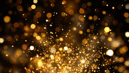 Wall Mural - gold sparkle stars burst against a black backdrop, creating a mesmerizing bokeh glitter explosion. Golden particles dance in a magical display