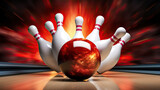 The bowling ball hits the pins and scores a strike. Bowling game