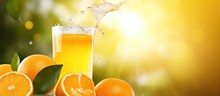 Outdoor Ripe Fruit Producing Fresh Orange Juice Poured Into A Glass