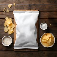 Wall Mural - Blank white chips packaging mockup on wooden table