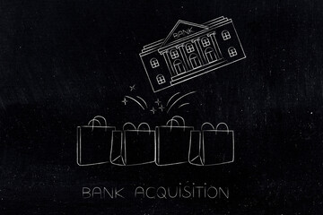 Wall Mural - bank acquisition concept, bank icon falling into shopping bags