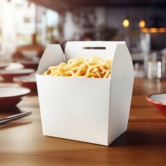 Wall Mural - Blank white noodle box mockup on wooden table with restaurant background