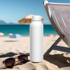 Wall Mural - Blank white drink bottle mockup on beach background