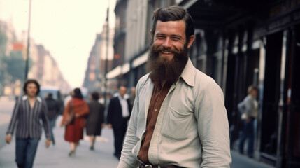 Vintage photo of attractive fashionable man on street wearing in 1980 style