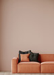 Modern livingroom with bright orange terracotta brown sofa. Pastel accent painting walls empty for art -decorative peach fuzz 2024 color. Mockup minimalism room lounge interior design. 3d rendering 