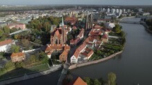 Reverse Reveal Of Tumski Bridge And Church Of St Mary On Sand Island Wroclaw