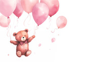 Watercolour Pink Teddybear With Balloons