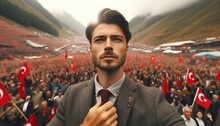 A Political Leader Takes A Selfie With A Group Of People Holding Turkish Flags.