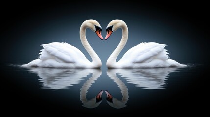 A romantic scene of two swans creating a heart shape in the tranquil water.