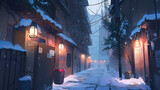 Fototapeta  - 雪が降る日本の路地のアニメ風イラスト