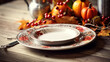Empty place setting with a plate and silverware on a plain background with pumpkins and an autumn theme
