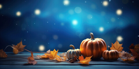 Pumpkins with fall leaves against a starry blue sky