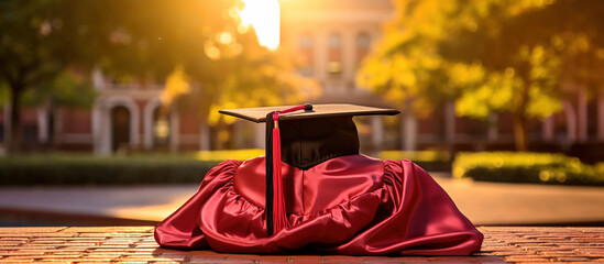 Graduation attire displayed on a college campus.