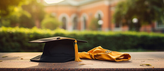 College graduation symbols: a cap and gown on campus grounds.