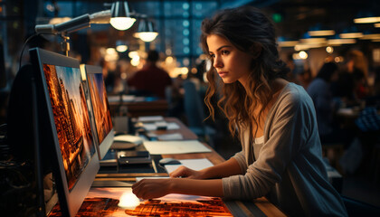 Wall Mural - Young woman working indoors, sitting at a table, using technology generated by AI