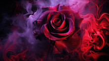 Purple Rose Wrapped In Red Smoke Swirl On Black Background