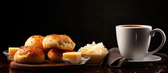 Tasty cheese bread and coffee mug on a dark surface