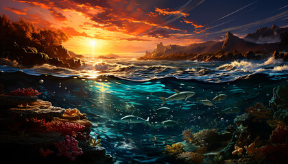 Wall Mural - Underwater fish swim in colorful reef, beneath abstract yellow sky generated by AI