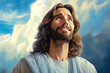 portrait of Jesus, savior of mankind, heaven clouds background