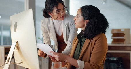 Poster - Communication, coaching and women in business with documents for training and project management on laptop. Instruction, mentor or leader talking to colleague with paperwork for report in office