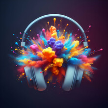 Festive Uplifting Vibrant Colorful Splash Dust And Smoke Explosion Between The Ear Muffs On Stereo Headphones. Ready For Party Concept With Loud Music Sound Listening, Pulse, Bass, Twitter, And Beats