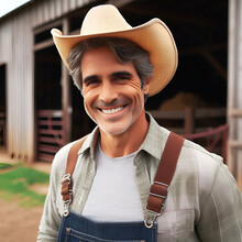 Happy Smiling Middle Age Senior Caucasian Farmer Standing Outside His Old Rustic Wooden Barn Stable Summer Countryside Rural Dairy Field Organic Farm Agriculture Business Village Near The Tie Stall