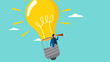 Illustration of a businessman riding a light bulb-shaped hot air balloon to observe business opportunities, looking for business opportunities with knowledge, business illustration