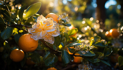 Wall Mural - Freshness of summer green leaves, yellow fruit, orange blossom generated by AI