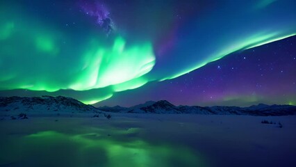 Wall Mural - Vibrant shades green dance across frame, intertwining with deep purples blues, forming shape Gemini Aurora Borealis Zodiac. celestial twins shimmer glow against dark night sky,
