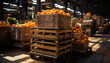 Fresh organic fruits and vegetables stacked in large crates generated by AI