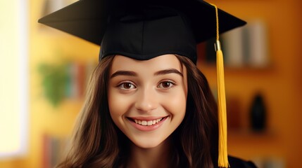 Wall Mural - Happy and excited portrait of young student girl in hat of graduation light yellow background