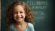 © CStock - Education and happiness, Portrait of a happy smiling little girl, chalkboard face with lettering.