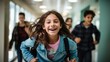 © CStock - Teenager school kids running in high school hallway ,happy, smiling