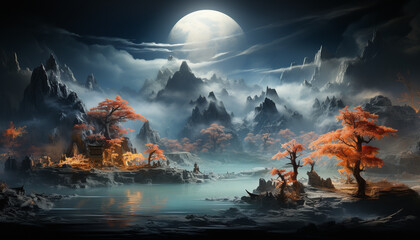 Poster - Spooky Halloween night, moonlight illuminates eerie forest, evil lurking generated by AI