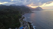 Aerial 4k Footage Of Bitou Cape During Sunset, Northeast Corner, Ruifang, Taiwan.