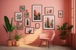 A gallery wall with six frames in light pink, in a pinkish orange room with a chair and plants, rendered in 3D. Generative AI