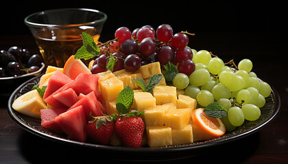 Wall Mural - Fresh fruit salad on wooden plate, a healthy summer snack generated by AI