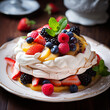 Pavlova cake with fresh berries and whipped cream. AI Generative