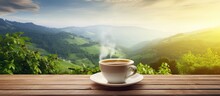 Coffee And Tea Cups Steaming On A Wooden Table Surrounded By A Mountainous City Landscape With Sunlit Beauty And Blurred Green Bokeh Background Lifestyle Concept