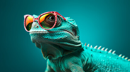 close up of a lizard,Stylish chameleon wearing sunglasses
