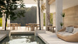 © bongkarn - A modern, luxurious, spacious hotel indoor lounge or restaurant with an indoor pool and seats.