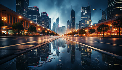 Canvas Print - Modern city skyline at dusk, illuminated skyscrapers reflect in water generated by AI