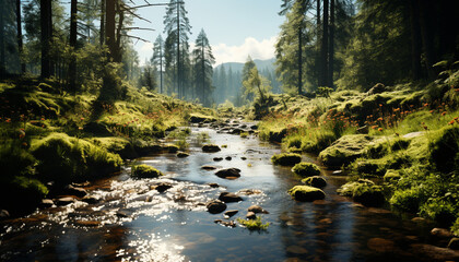 Canvas Print - Tranquil scene mountain range, flowing water, animals in the wild generated by AI