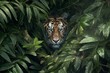 A fearsome tiger hiding in a thick jungle bush. Generative AI