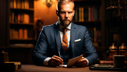 Canvas Print - Confident businessman working indoors, sitting at desk, looking professional generated by AI