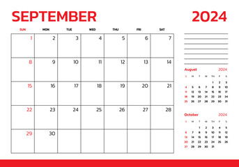 September 2024 Calendar. Week start on Sunday. Desk calendar 2024 design, simple and clean design, Wall calendar for print, digital calendar, Corporate design planner template vector.