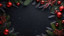 Moon-looking Photo Of The Top Of The Christmas Background Decoration With Pine Branches With Balls With Snow White Black Walls.