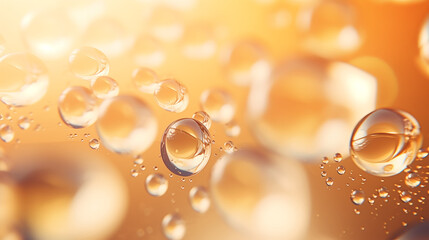 Wall Mural - Oil bubbles collagen skin serum on yellow background. concept skin care cosmetics.