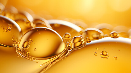 Poster - Oil bubbles collagen skin serum on yellow background. concept skin care cosmetics.