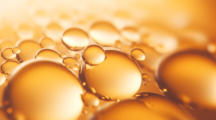 Wall Mural - Oil bubbles collagen skin serum on yellow background. concept skin care cosmetics.
